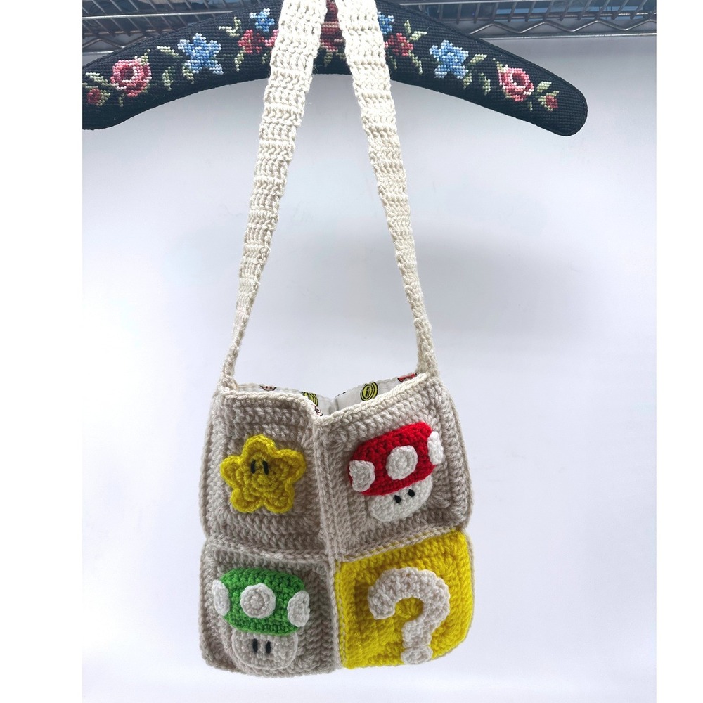 Handmade Super Mario Crochet Shoulder Bag Beige Granny Square Mushroom Star